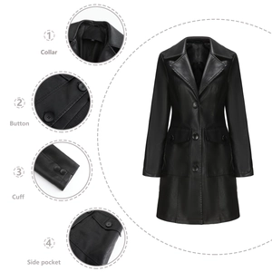 Women's black long faux leather coat with lapel collar and single-breasted buttons