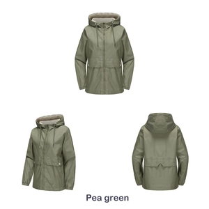 Pea green hooded windbreaker for women with adjustable drawstrings and large snap pockets