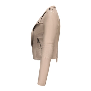 Detail of beige faux leather jacket with metal rivets on collar and quilted sleeve texture