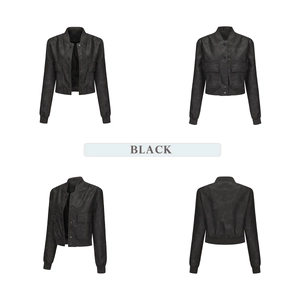 Detail of black PU leather bomber jacket showing ribbed cuffs and metal snap buttons