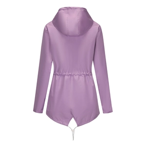 Rear view of purple waterproof windbreaker featuring cinched waist and fish-tail hem design