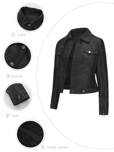 Women's black faux suede biker jacket with zipper cuffs and metal snap buttons