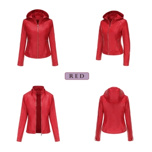 Detail view of red faux leather jacket with detachable hood and zip pockets