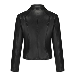 Rear view of black faux leather biker jacket showing slim fit cut and rivet details