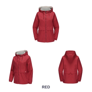 Three perspectives of a red hooded windbreaker showing the front side and back views