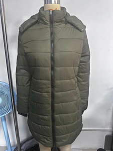 Close-up of water-resistant dark green quilted coat with detachable hood and zipper