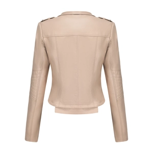 Back view of slim fit faux leather jacket with quilted sleeve details and epaulettes