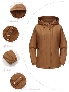 Women's casual hooded windbreaker jacket with zipper and side pockets in brown
