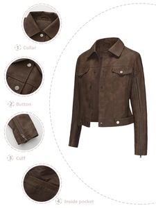 Detail view of brown biker jacket collar, metal buttons, zipper cuffs and inside pocket