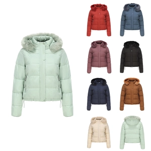 Women Short Puffer Jacket Hooded Faux Fur Collar Quilted Winter Warm Cotton Padded Coat Windproof Thick Fleece Lined Jacket