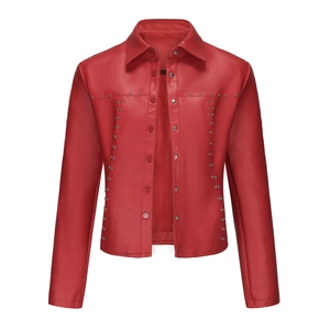 Detail of silver rivets and button closure on red faux leather jacket for women