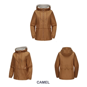 Detailed views of woman camel hooded windbreaker with front zip and drawstring hood