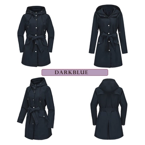 Deep blue hooded waterproof windbreaker with adjustable waist belt and silver snaps