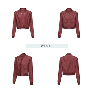 Detailed four-way view of wine red PU leather bomber jacket with ribbed knit trims