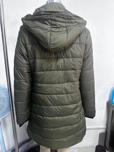 Back view of army green long quilted puffer coat with detachable hood and nylon gloss