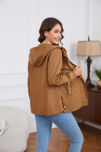 Detailed view of camel hooded windbreaker jacket with adjustable drawstring and snap pockets