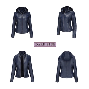 Multiple views of a dark blue women's faux leather hooded jacket with metal zipper details