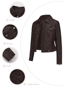 Detail view of brown biker jacket showing collar, buttons, zippers, and inner pocket