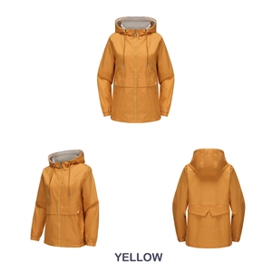 Three-angle view of a yellow hooded windbreaker jacket with zipper and elastic cuffs