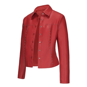 Detailed view of silver metallic rivets and snap buttons on a red leather jacket