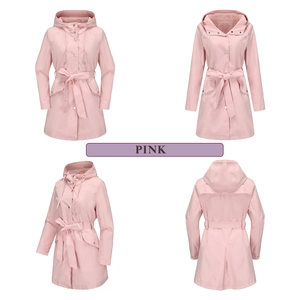 Detailed four-way view of pink hooded water-resistant trench coat with adjustable waist belt