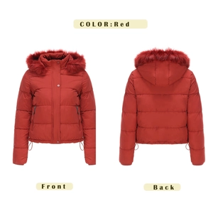Red women's hooded warm winter jacket with faux fur trim, showing front and back views