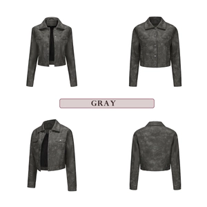 Detailed views of gray faux leather jacket featuring chest pockets and classic lapel collar