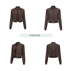 Detail view of coffee PU leather jacket showing ribbed cuffs and large flap pockets