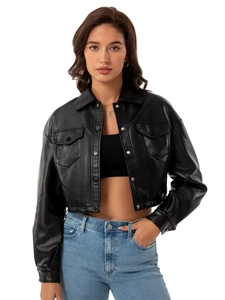 Women's black cropped faux leather jacket with lapel and buttons in a casual fashion style