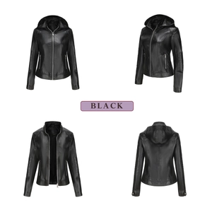 Detailed views of women black faux leather jacket with detachable hood and quilted textures