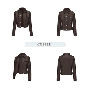 Detail view of coffee PU leather jacket with multiple zippers and lapel design