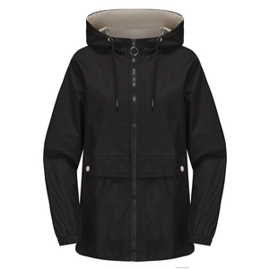 Close-up of black hooded windbreaker with contrast beige lining and metal zipper details