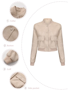 Detailed views of buttons, ribbed cuffs, and pockets on a beige oversized jacket