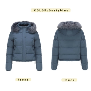 Women's short dusty blue winter jacket with faux fur hood and adjustable hemline