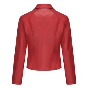 Rear view of women's red faux leather biker jacket with premium stitching details
