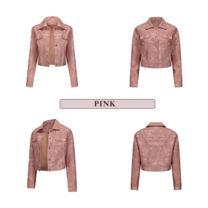 Pink cropped faux suede jacket with multiple pockets and lapel collar, detailed four-angle view