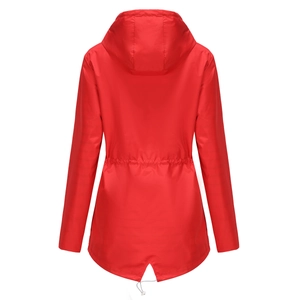 Rear view of red longline hooded windbreaker with adjustable drawstring waist and fishtail hem
