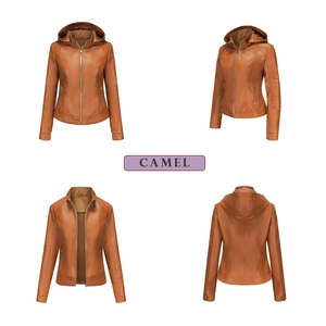 Detail views of camel hooded faux leather jacket with quilted sleeves and zipper pockets