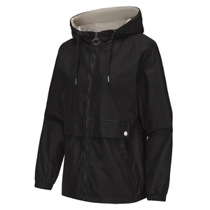 Close-up of black hooded windbreaker featuring large flap pockets and metal snap buttons