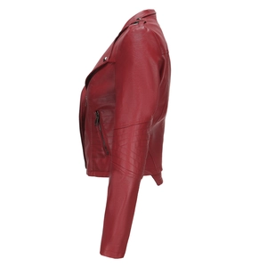 Detailed side view of dark red faux leather biker jacket with quilted sleeves and studs