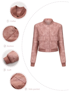 Detail view of pink jacket features rib-knit collar, snap buttons and utility flap pockets
