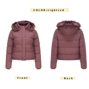 Women short quilted winter jacket in light red with faux fur hood, front and back views