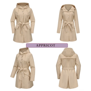 Detail view of apricot hooded windbreaker featuring adjustable drawstring and waist belt