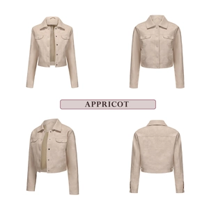 Detail view of the apricot faux leather jacket featuring dual chest pockets and lapels