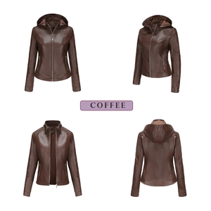 Detailed four-view of women's coffee hooded faux leather jacket with quilted sleeve textures