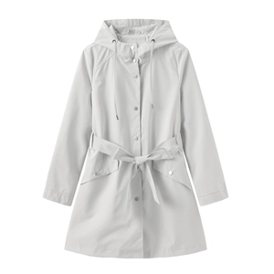 Detail view of water-resistant hooded windbreaker with adjustable waist belt and pockets