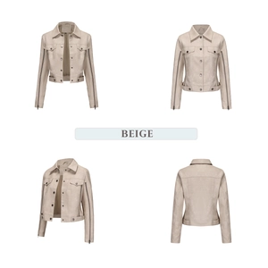 Detailed views of beige faux leather jacket featuring metal zippers and buckle hem accents