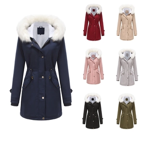 Women's Mid-Length Hooded Parka Jacket With Faux Fur Collar Drawstring Waist Warm Fleece Lined Windproof Winter Coat For Women