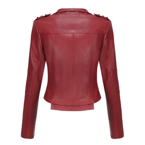Detail view of the back of a slim dark red faux leather biker jacket with pleated sleeves