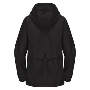 Rear view of black hooded windbreaker featuring a breathable back vent and elastic cuffs